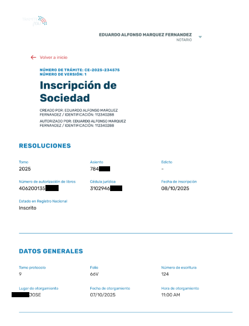 Redacted Costa Rica company registration extract