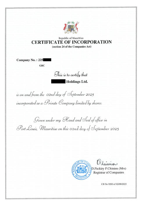 Redacted Mauritius certificate of incorporation