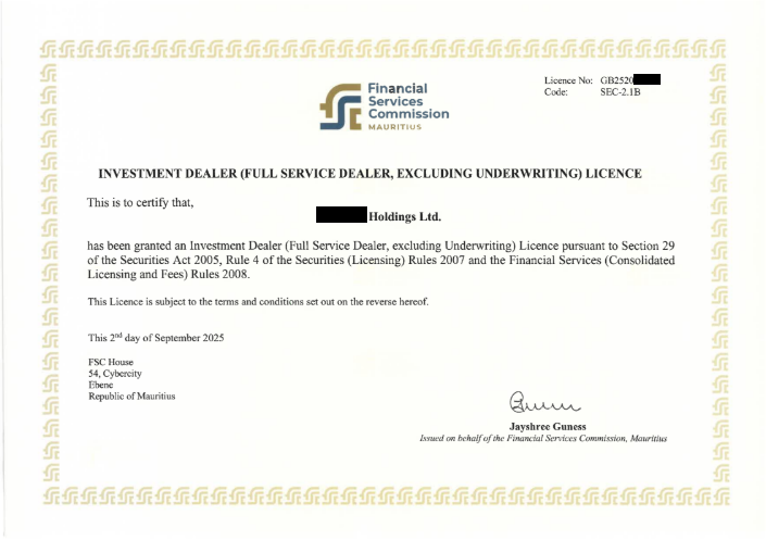 Redacted Mauritius investment dealer licence