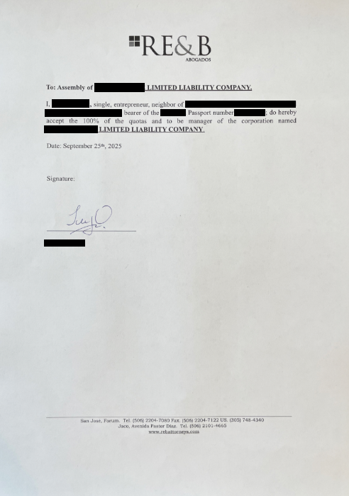 Redacted Costa Rica corporate acceptance document