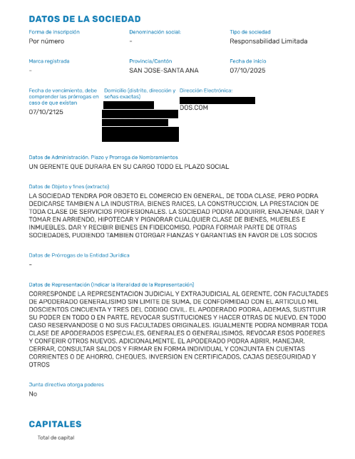 Redacted Costa Rica corporate registry details